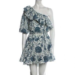 RHODE A-Line dress one shoulder mini print white blue braided belt included